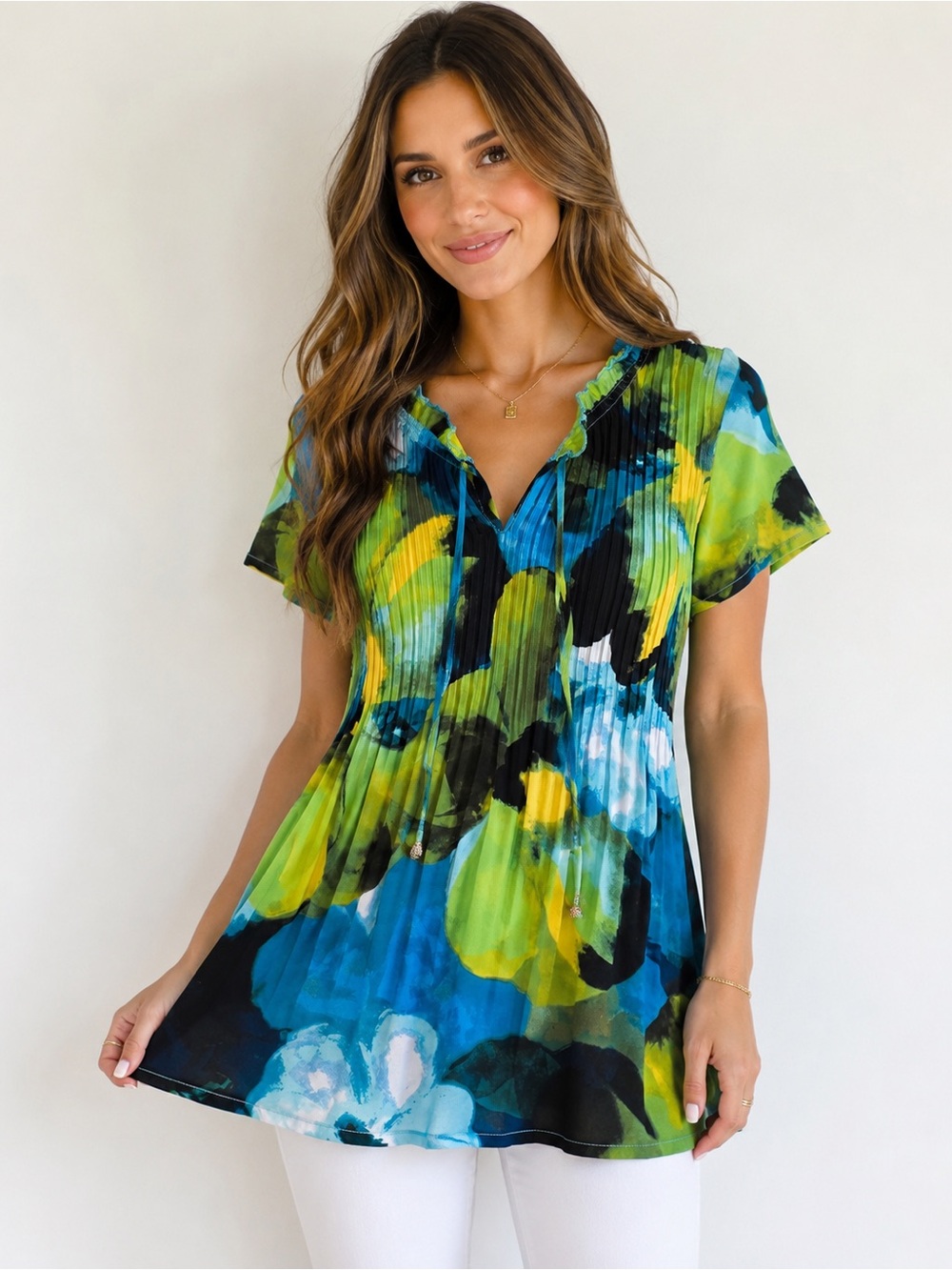 Sunny Leigh Abstract Watercolor Pleated Babydoll Tunic Top XS Artsy Boho